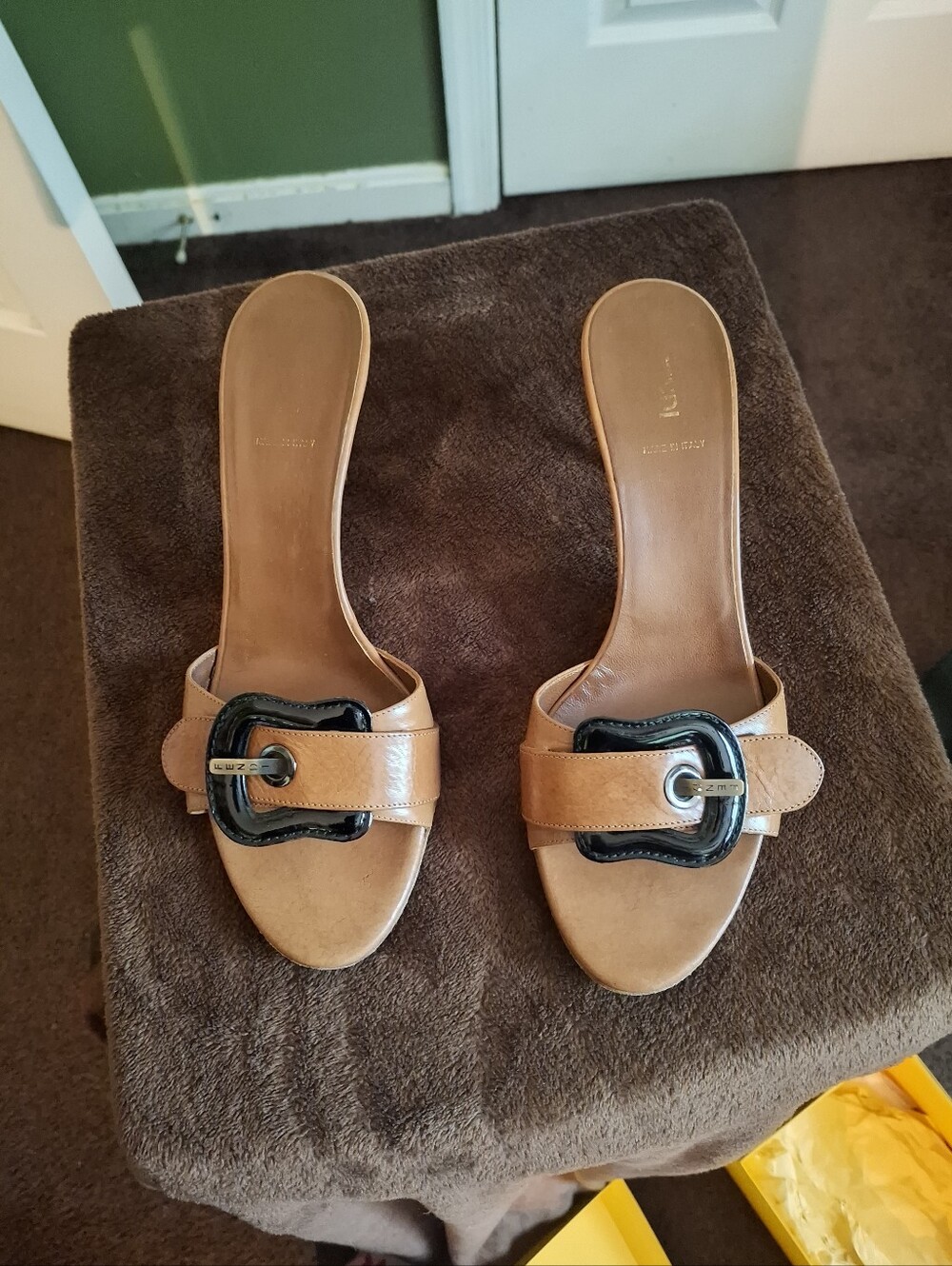 Fendi Tan Leather Slide Mules with Black Buckle Accent